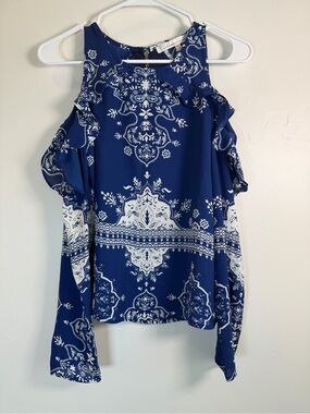 Lovers + Friends Blue Paisley Cold Shoulder Ruffle Vacation Blouse XS